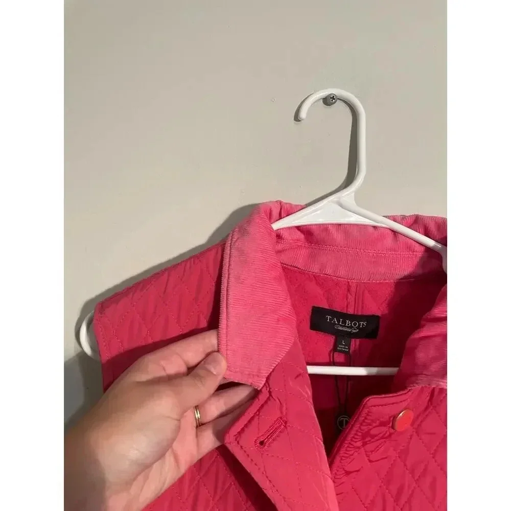 Talbots Pink Quilted Button Front‎ Vest with Corduroy Collar